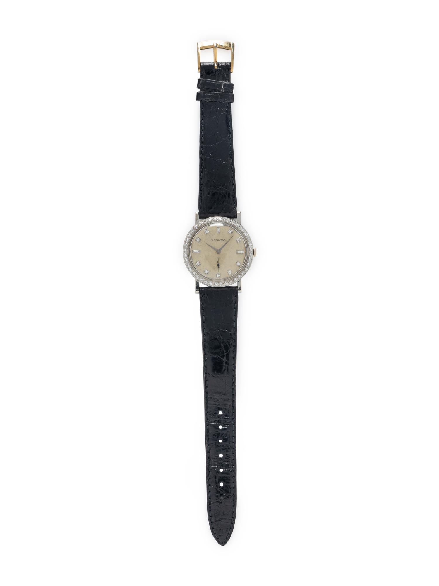 HAMILTON, VINTAGE 14K WHITE GOLD AND DIAMOND WATCH