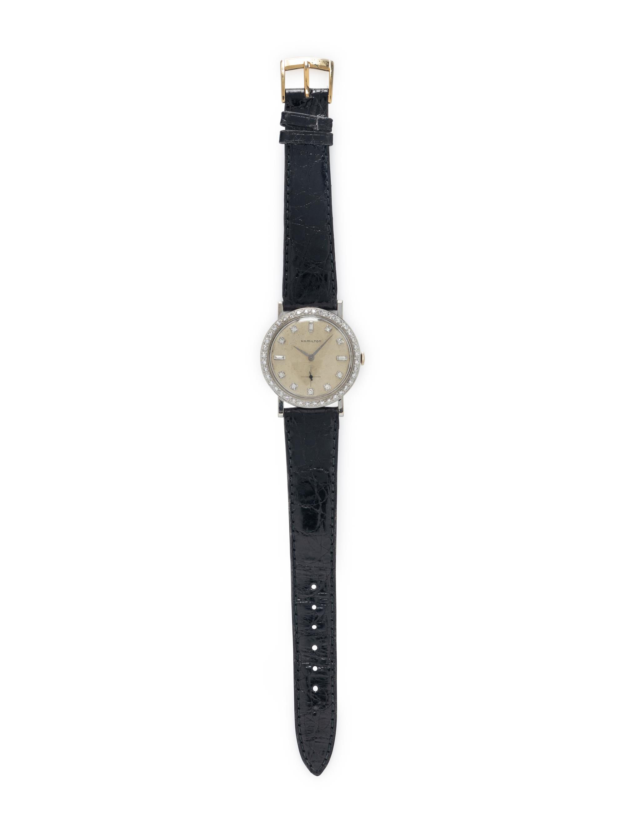 HAMILTON, VINTAGE 14K WHITE GOLD AND DIAMOND WATCH