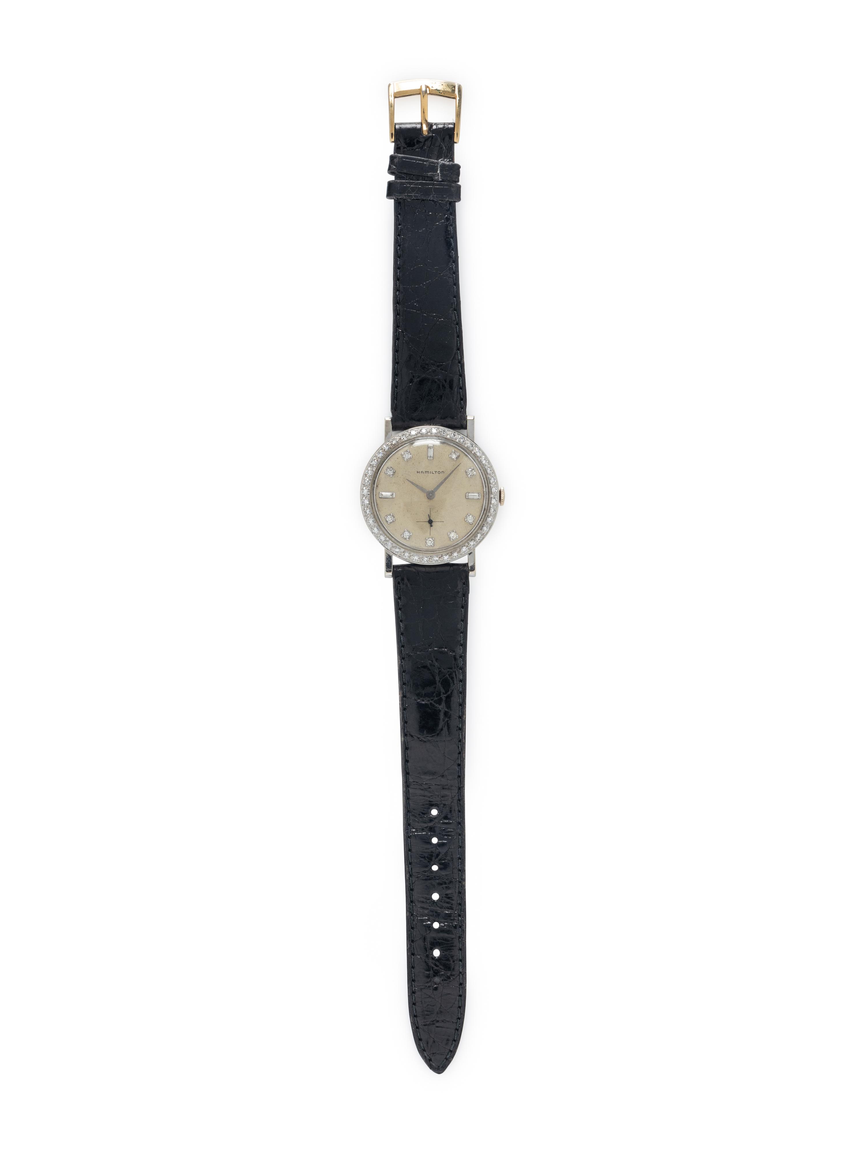 HAMILTON, VINTAGE 14K WHITE GOLD AND DIAMOND WATCH