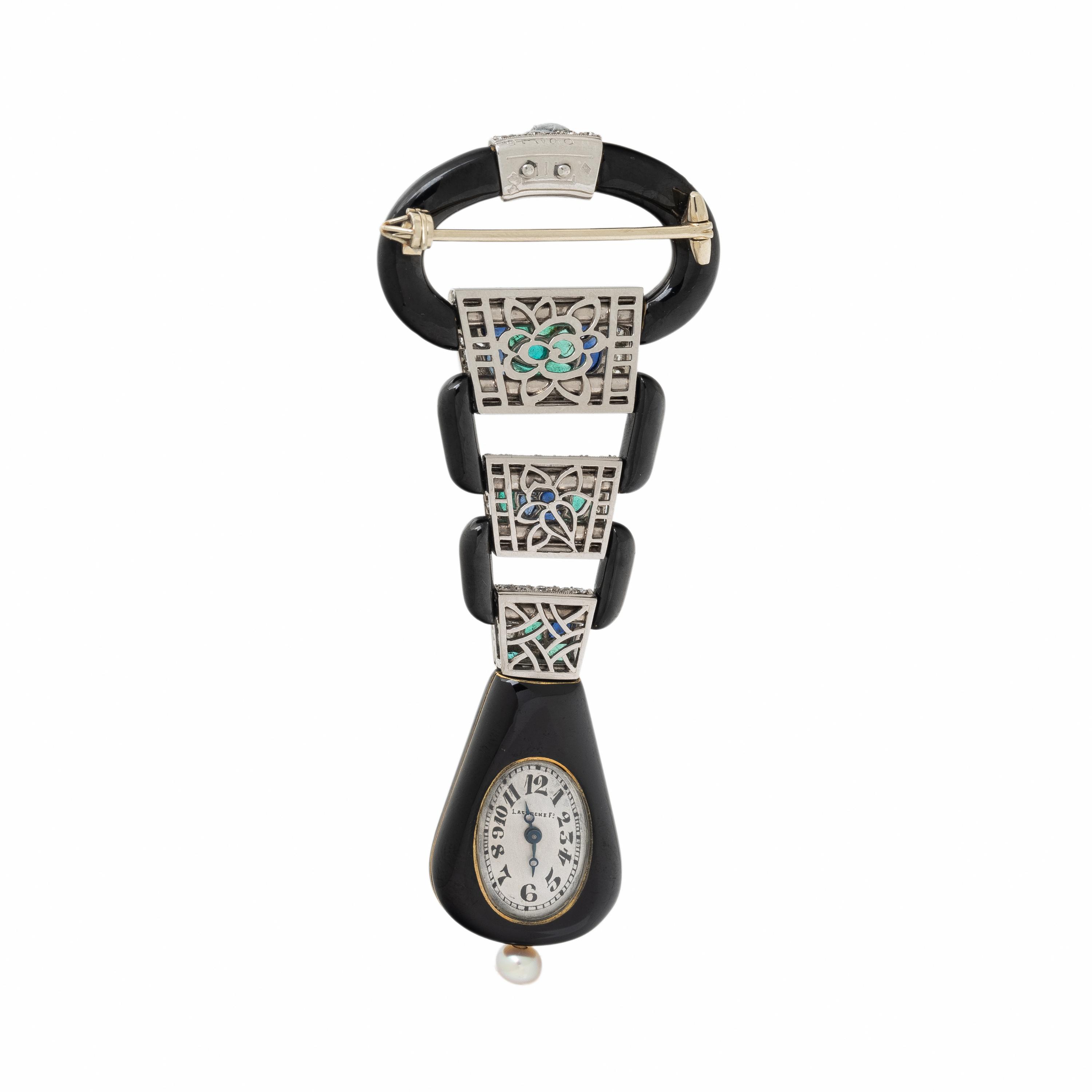 VERGER FRÈRES FOR LACLOCHE FRÈRES, ART DECO, ONYX AND MULTIGEM LAPEL WATCH