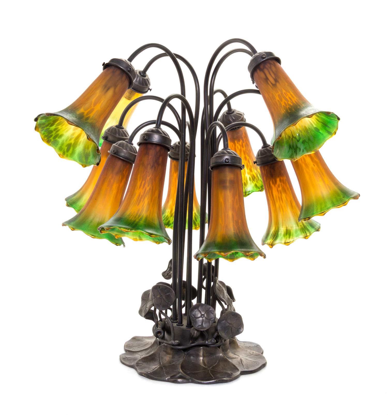 A Bronzed Metal and Glass Twelve-Light Tulip Lamp Height 21 inches. — LATE 20TH CENTURY