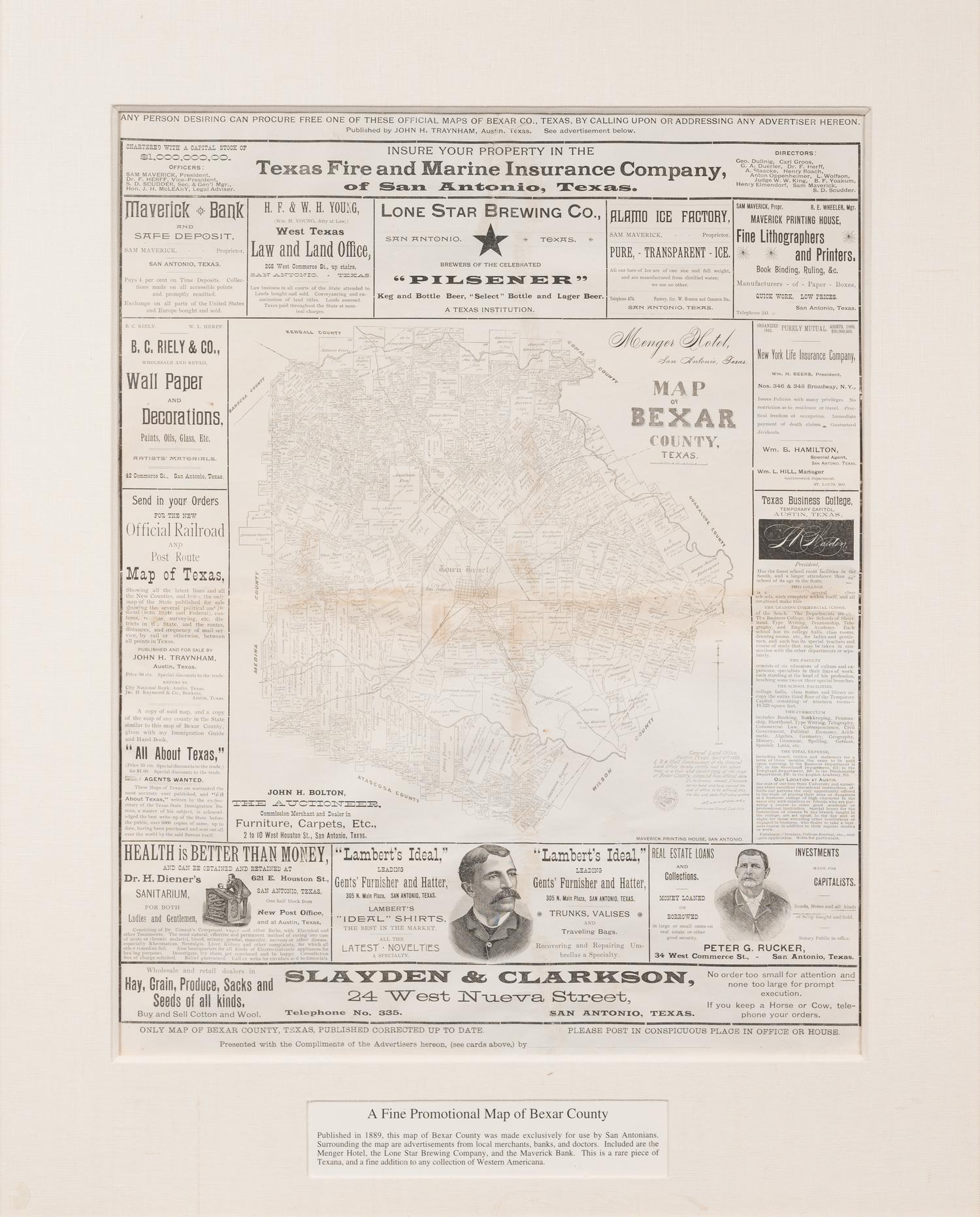 [TEXAS]. Map of Bexar County, Texas . San Antonio and Austin: Samuel Maverick & John H. Traynham, 1889.