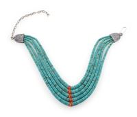 Five-strand Rolled Turquoise and Spiny Oyster Necklace