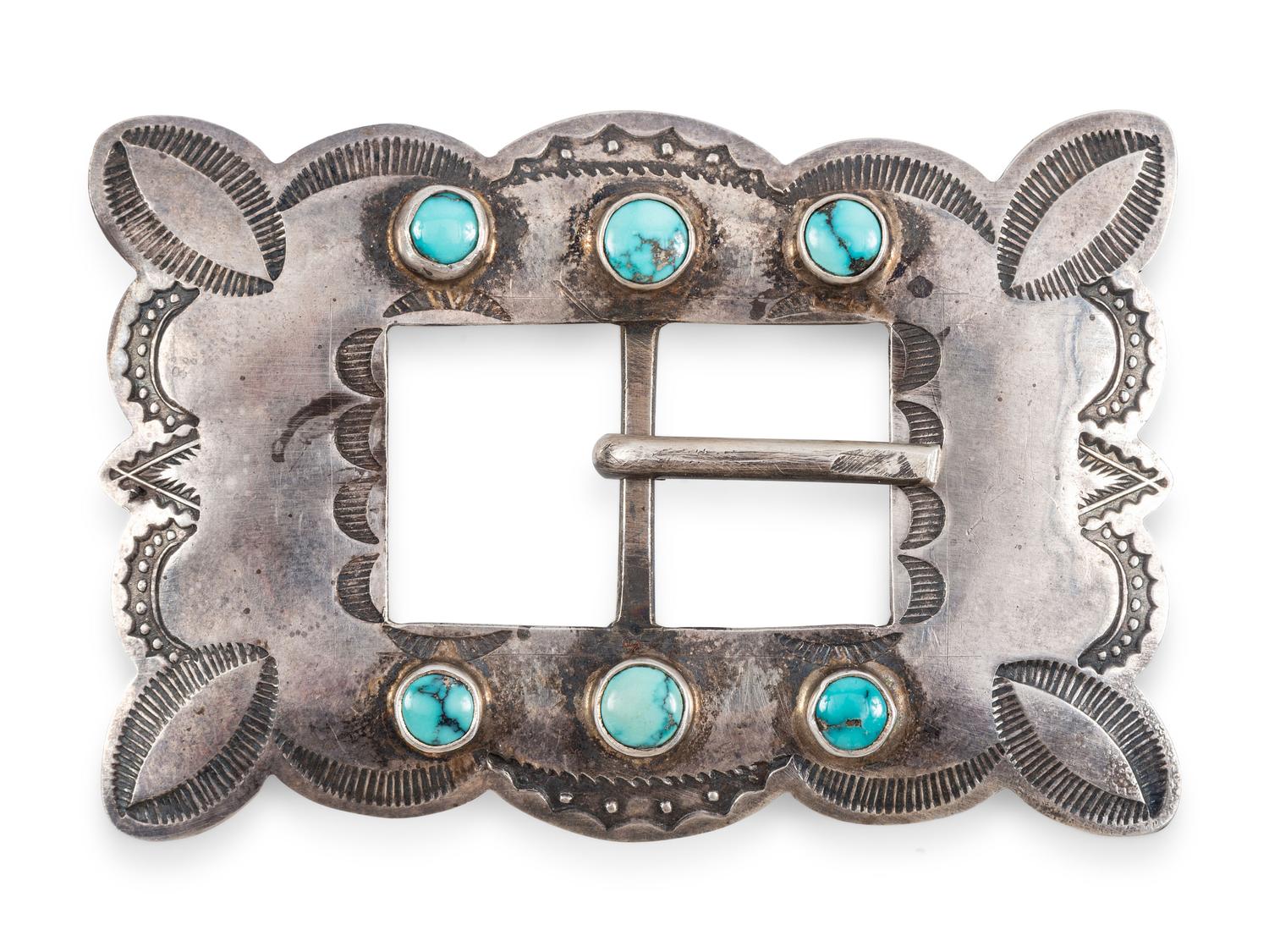 Navajo Stamped Silver and Turquoise Belt Buckle