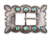 Navajo Stamped Silver and Turquoise Belt Buckle