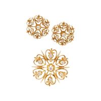 Diamond and Yellow Gold Brooch and Earrings