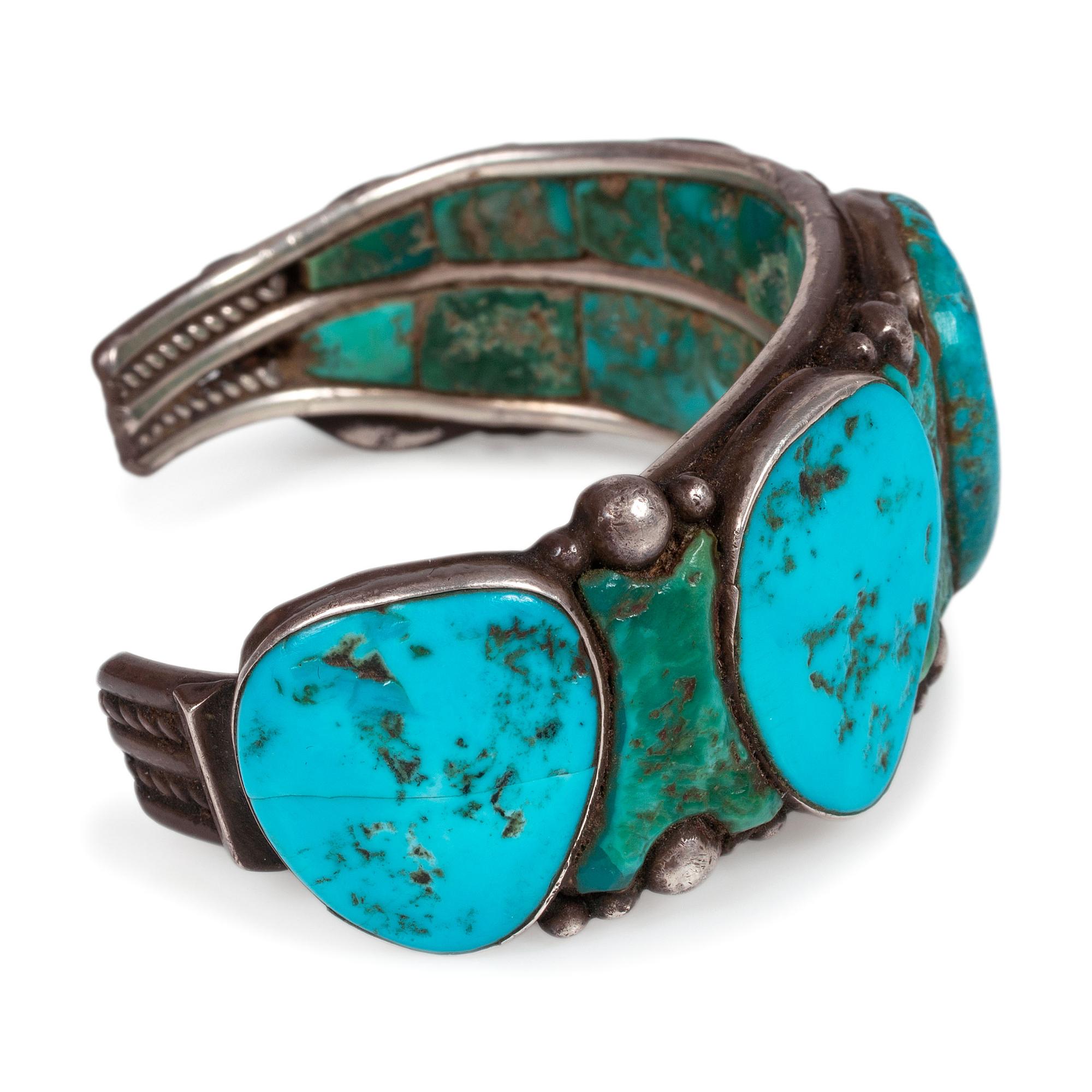 Navajo Silver and Turquoise Cuff Bracelet, with Inlay on Interior and Front