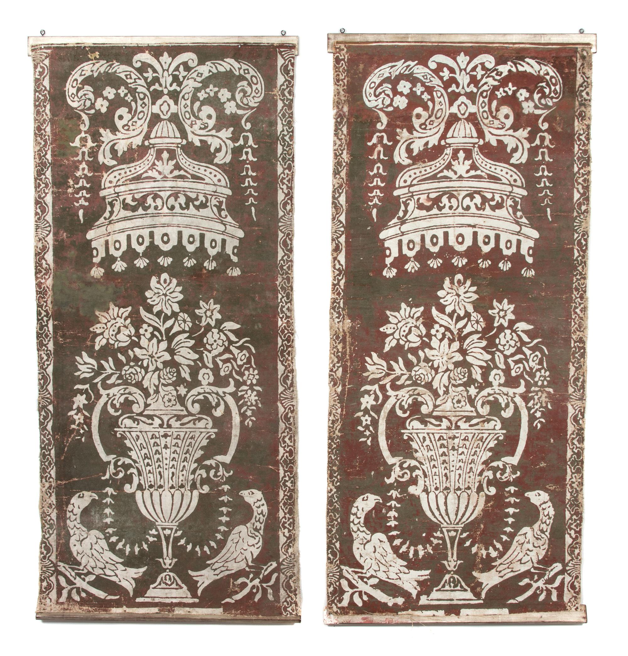 A Pair of Continental Block Painted Linen Panels Height 62 x width 22 inches. — 19TH CENTURY