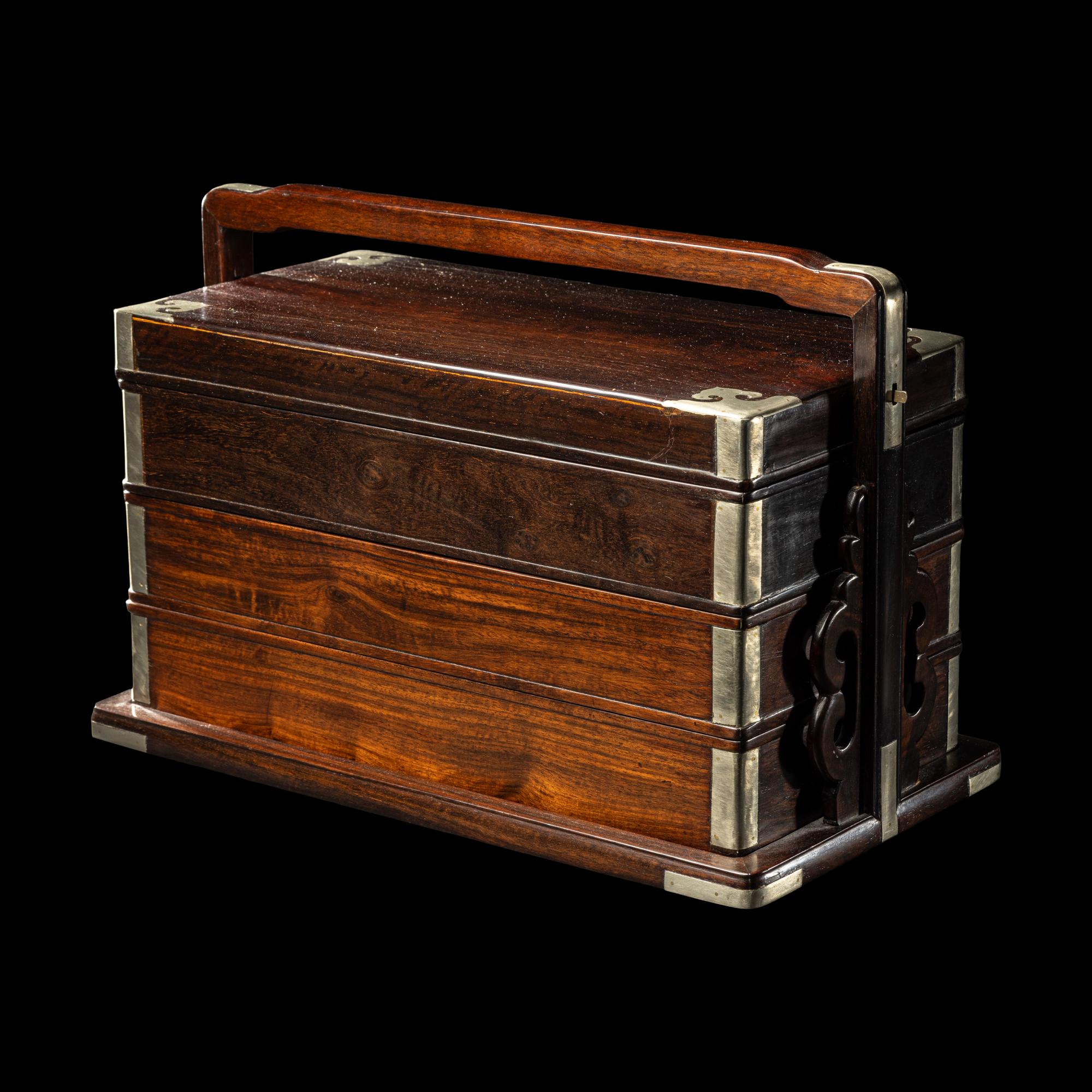 A Chinese Zitan Three-Tier Picnic Box, Tihe 紫檀三撞提盒