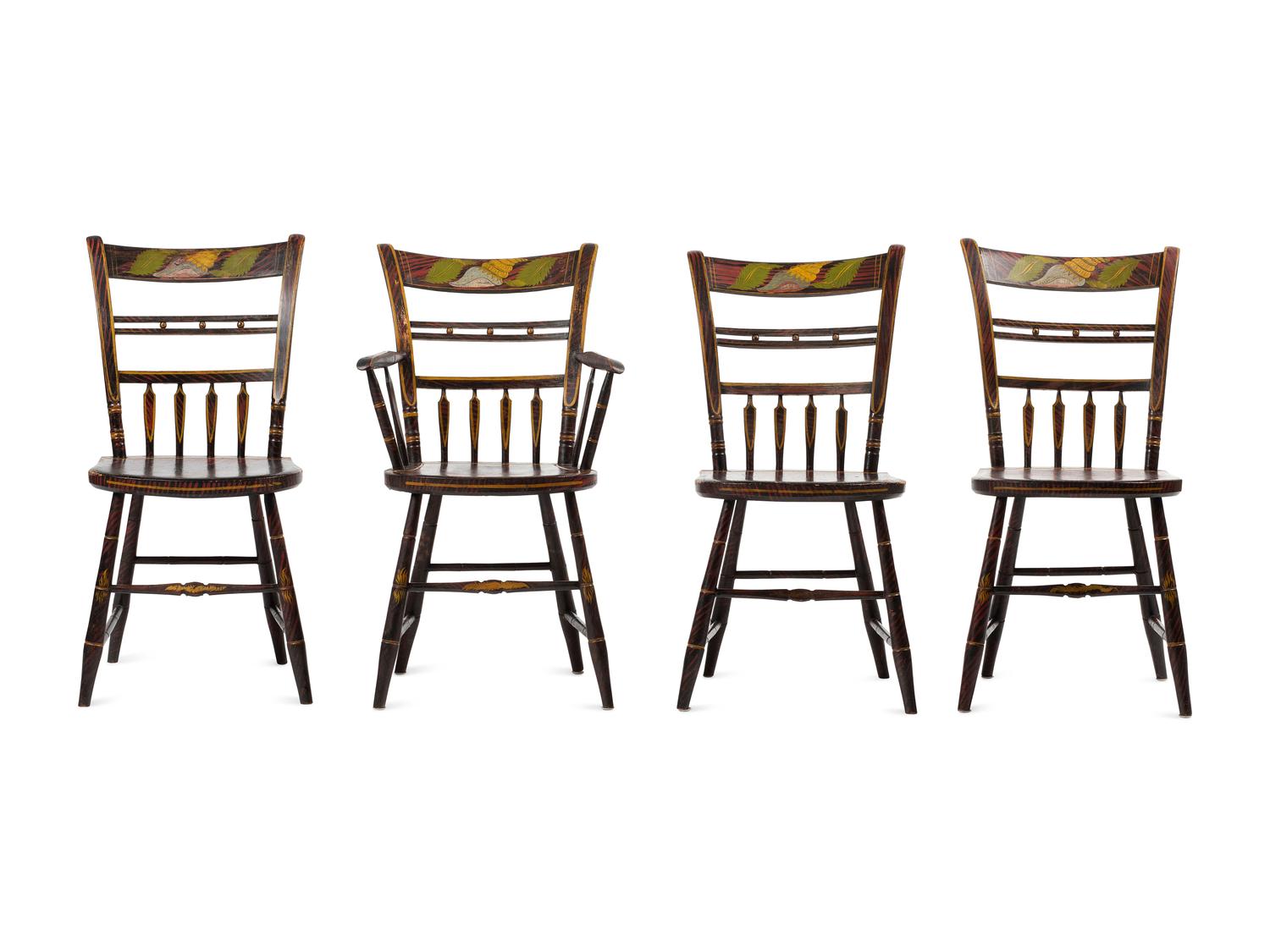 A Set of Four Classical Grain Painted and Flower Decorated Bamboo Turned Dining Chairs