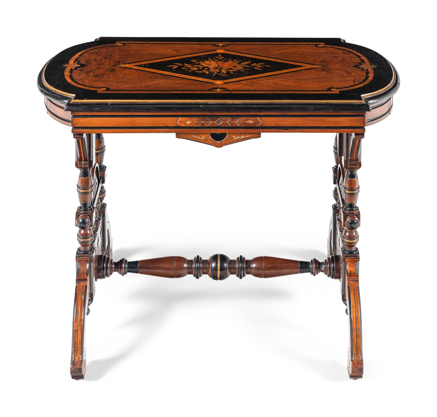 An Aesthetic Movement Part-Ebonized Walnut and Marquetry Side Table