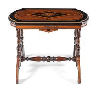 An Aesthetic Movement Part-Ebonized Walnut and Marquetry Side Table