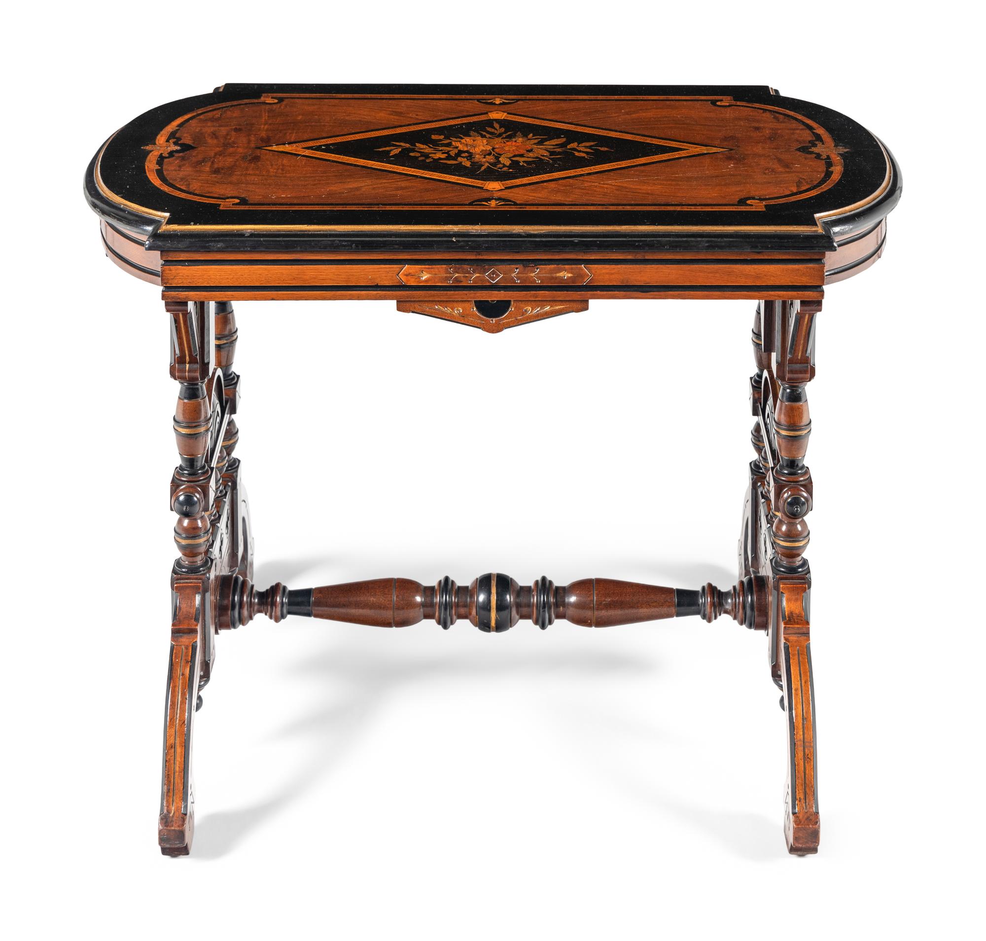 An Aesthetic Movement Part-Ebonized Walnut and Marquetry Side Table