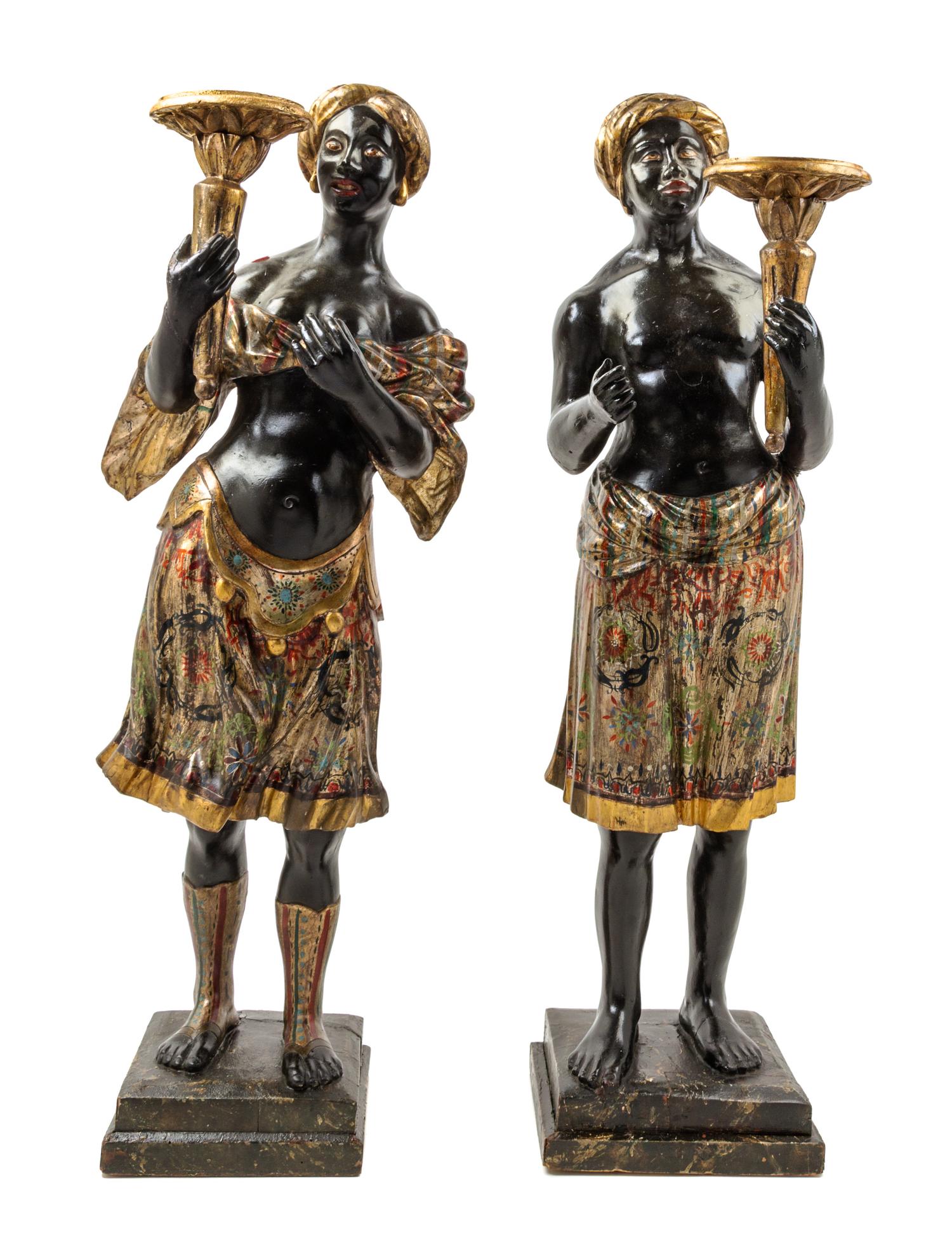 A Pair of Venetian Polychrome and Parcel Gilt Figural Torcheres Height 38 1/4 inches. — LATE 19TH/EARLY 20TH CENTURY
