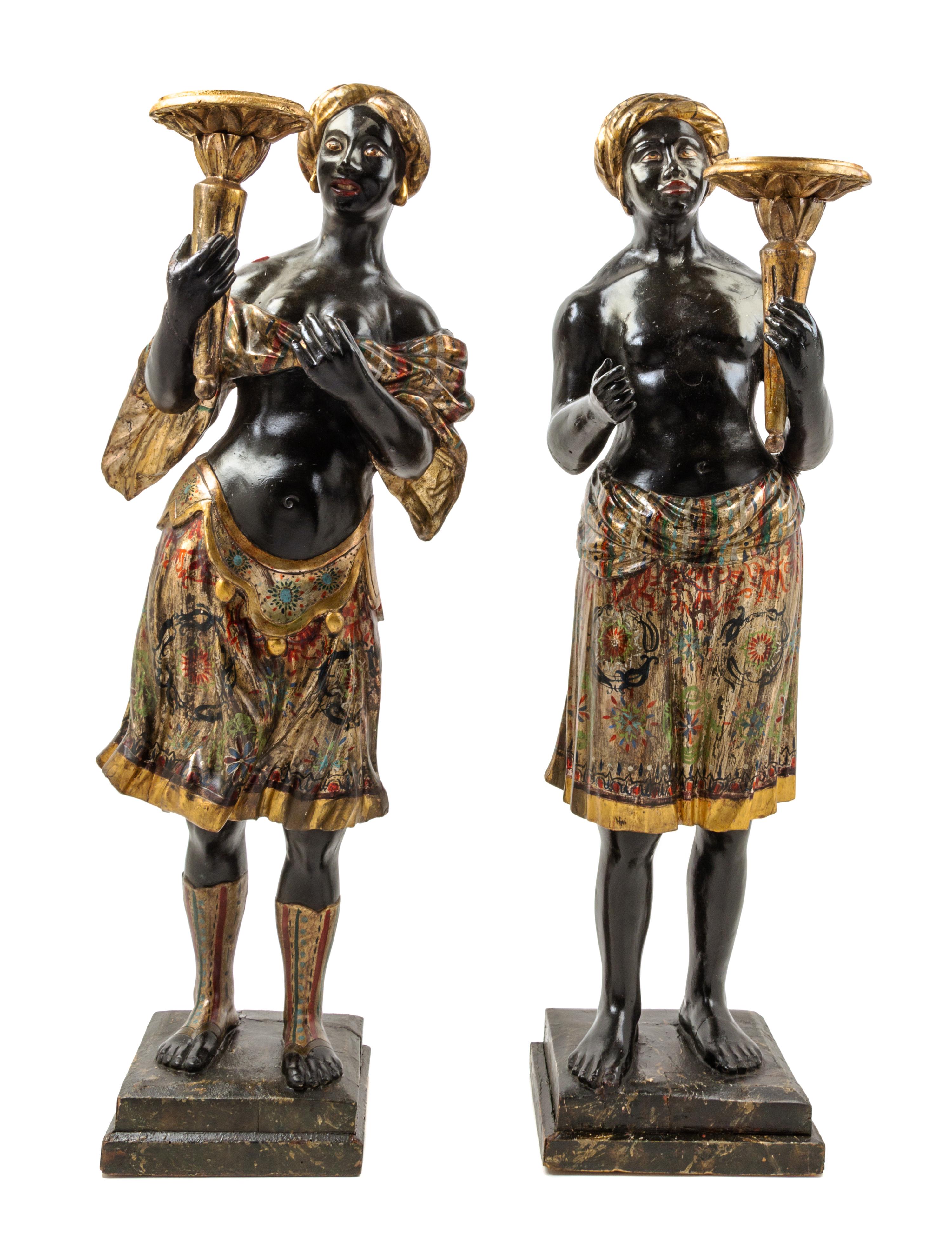 A Pair of Venetian Polychrome and Parcel Gilt Figural Torcheres Height 38 1/4 inches. — LATE 19TH/EARLY 20TH CENTURY