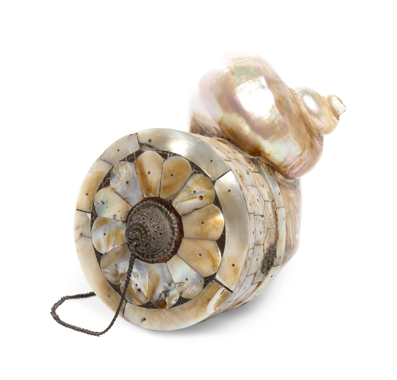 A Middle Eastern Mother-of-Pearl Veneered Powder Flask, Width 6 inches.