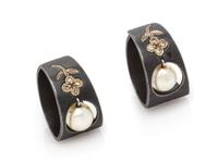 A Pair of Art Moderne Blackened Steel, White Gold, Cultured Pearl and Diamond Earclips, Marsh & Co., 5.80 dwts.