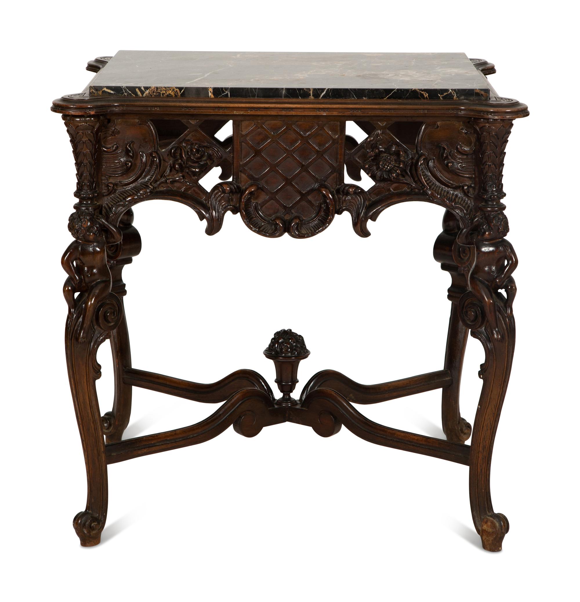 An Italian Rococo Style Carved Black Walnut Marble Top Side Table