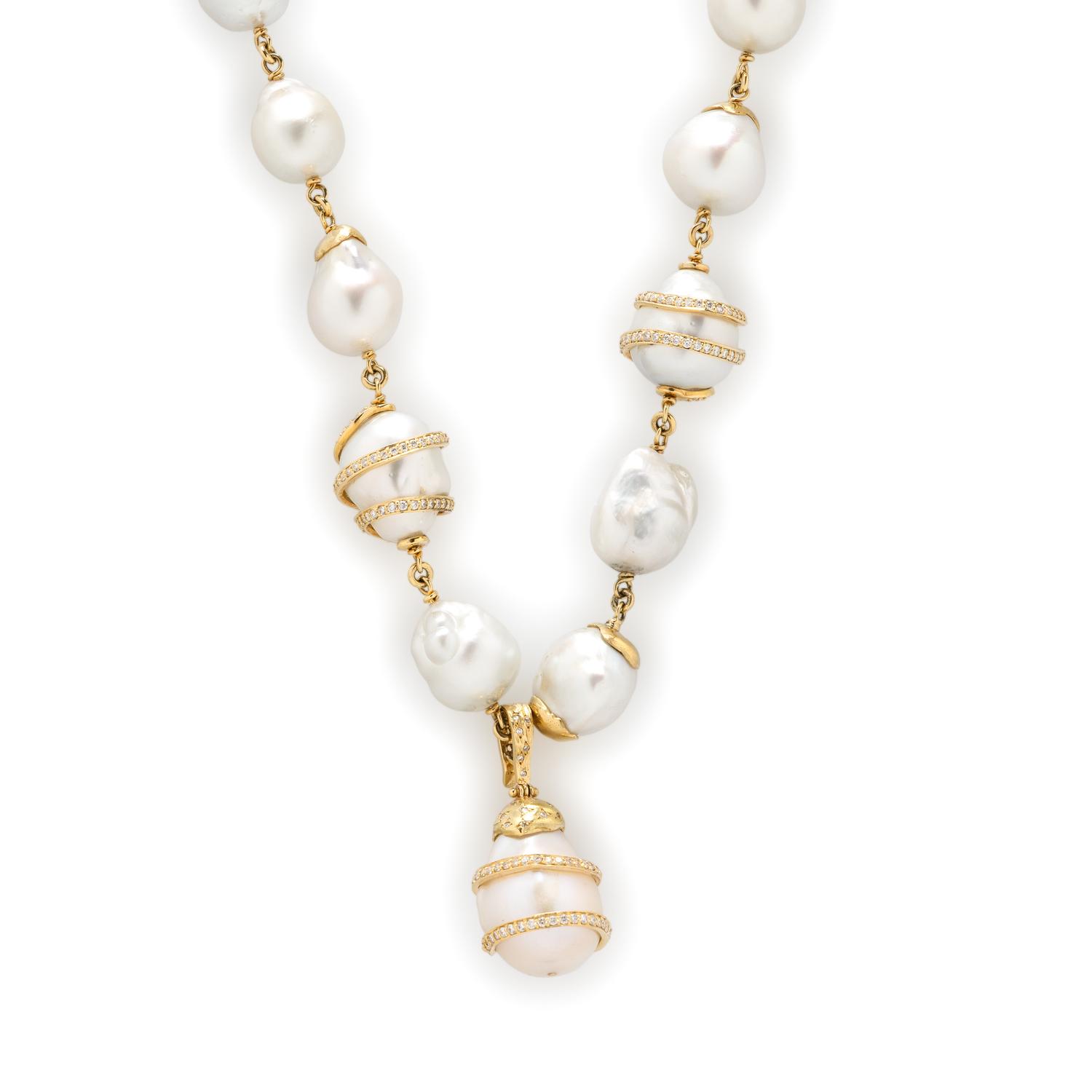 CULTURED BAROQUE PEARL, DIAMOND, PINK SAPPHIRE, AND YELLOW GOLD CONVERTIBLE NECKLACE AND PENDANTS