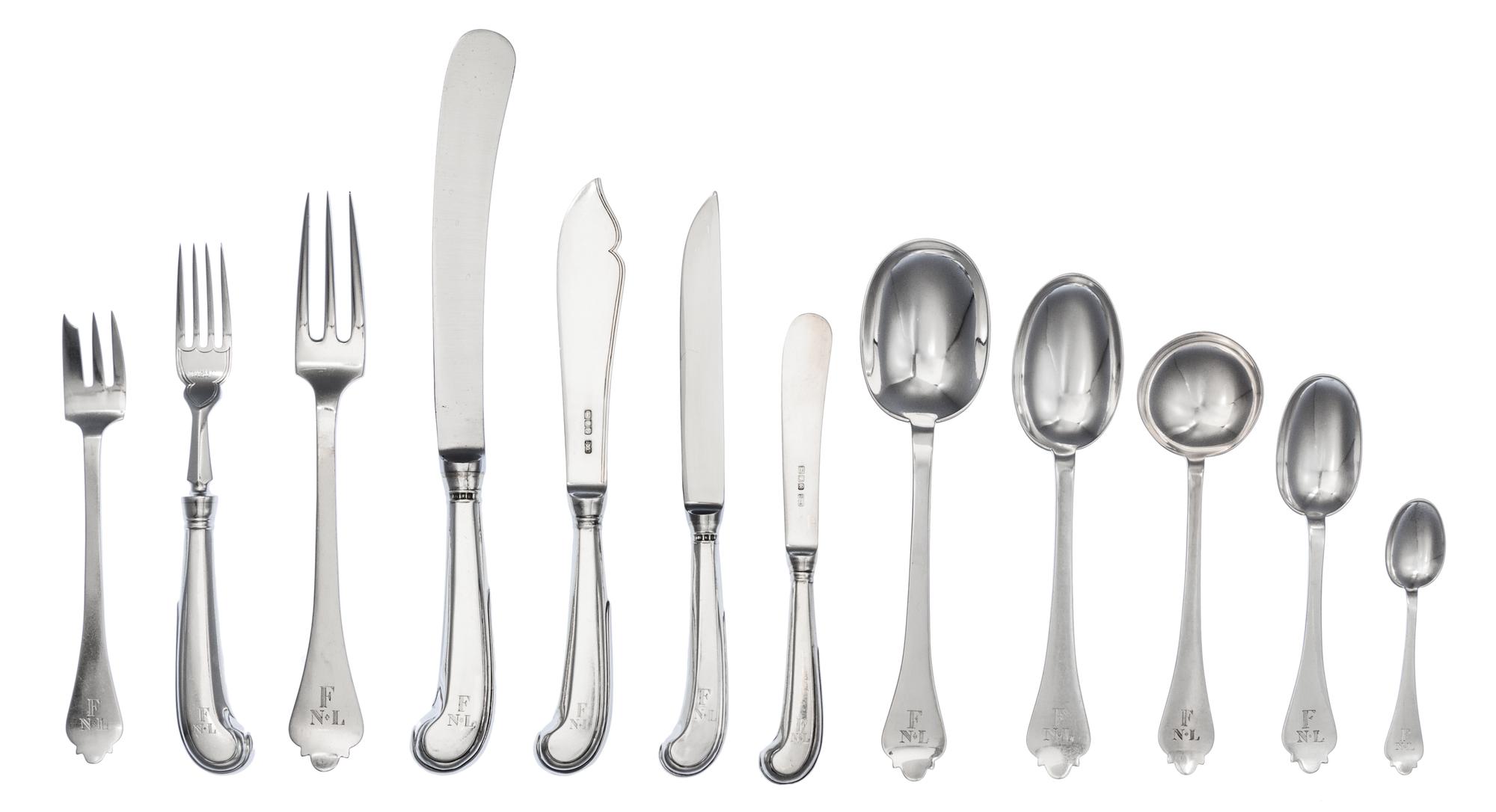 A George VI Silver Flatware Service, Spaulding & Company, London, 1946, all engraved with block monogram F over N*L, knives with pistol