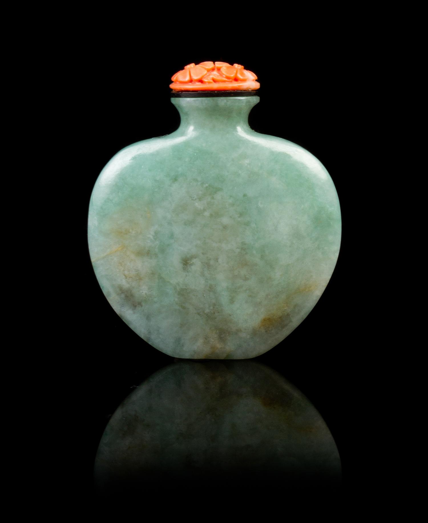 A Chinese Jadeite Snuff Bottle 19TH CENTURY Height 2 1/2 inches. — 19TH CENTURY