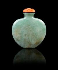 A Chinese Jadeite Snuff Bottle 19TH CENTURY Height 2 1/2 inches. — 19TH CENTURY