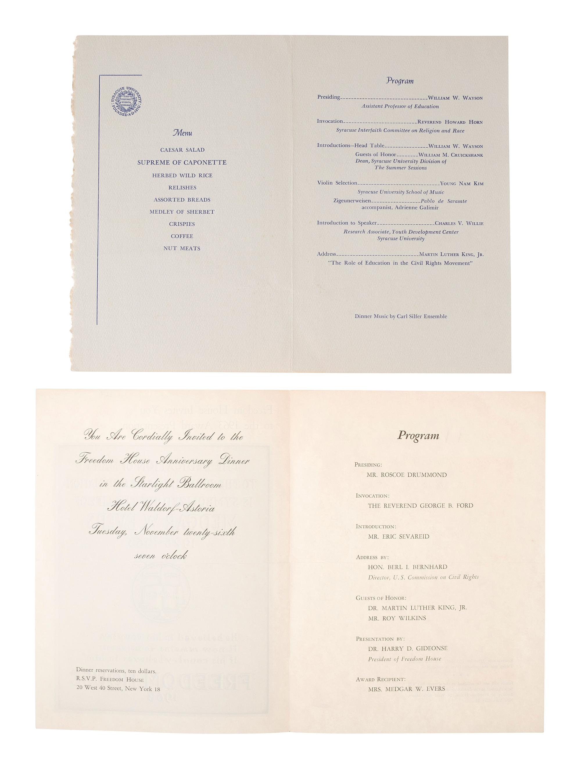 [KING, Martin Luther, Jr. (1929-1968)]. A group of 4 programs from events featuring or honoring Dr. Martin Luther King, Jr. 1956-1965.