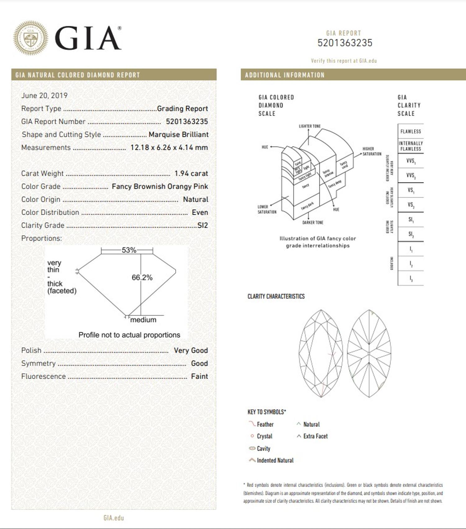 1.94 CARAT MARQUISE CUT FANCY BROWNISH ORANGY PINK DIAMOND