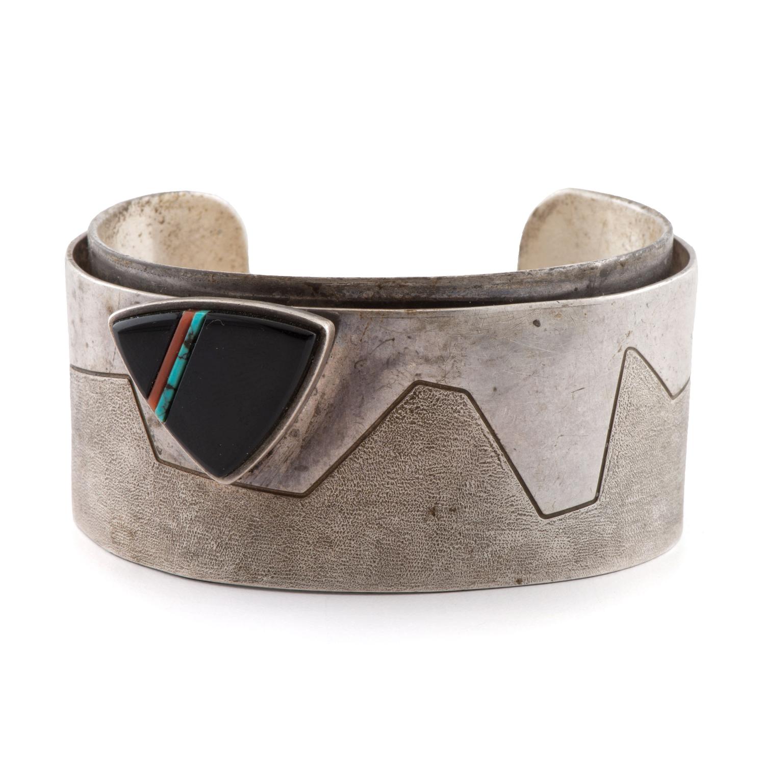 Silver, Jet, Turquoise, and Coral Cuff Bracelet