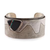 Silver, Jet, Turquoise, and Coral Cuff Bracelet