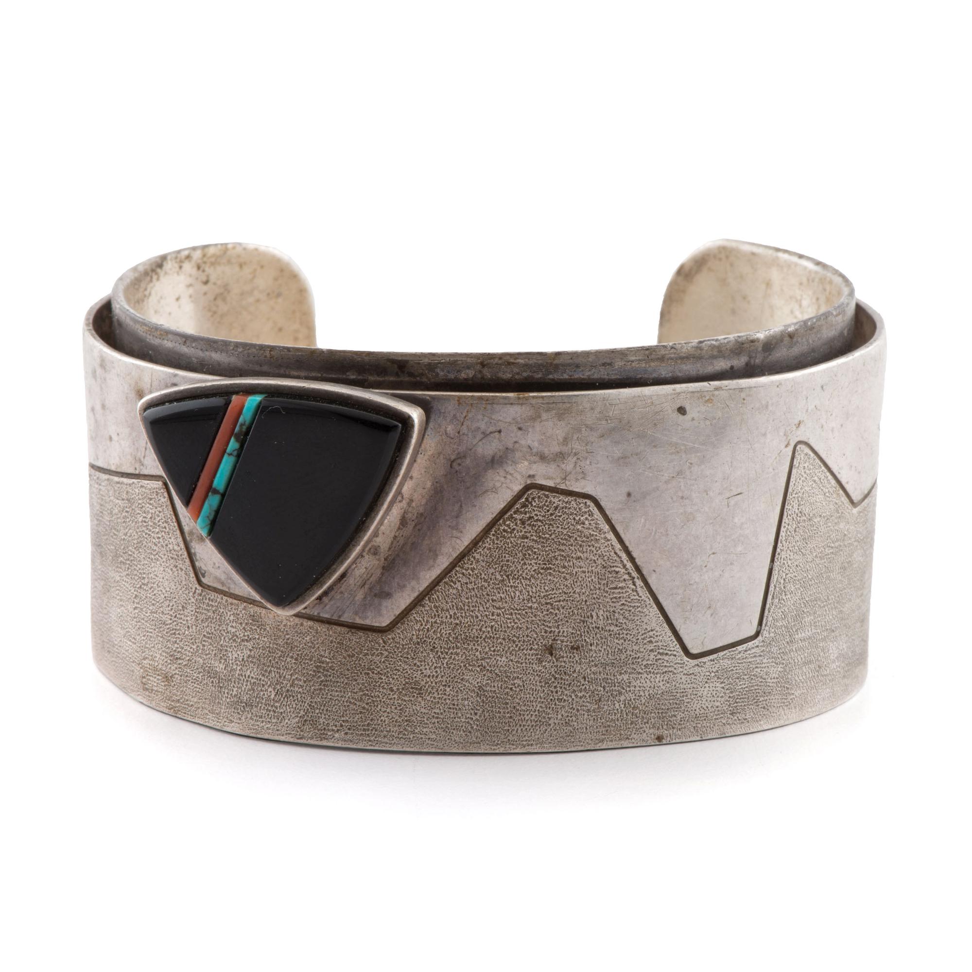 Silver, Jet, Turquoise, and Coral Cuff Bracelet