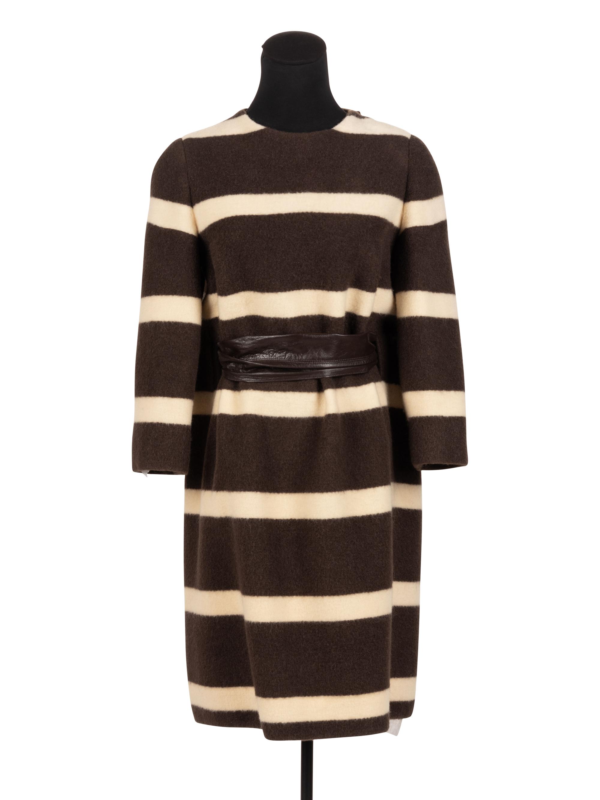Madame Grès Haute Couture Wool Striped Dress with Leather Belt, 1960s