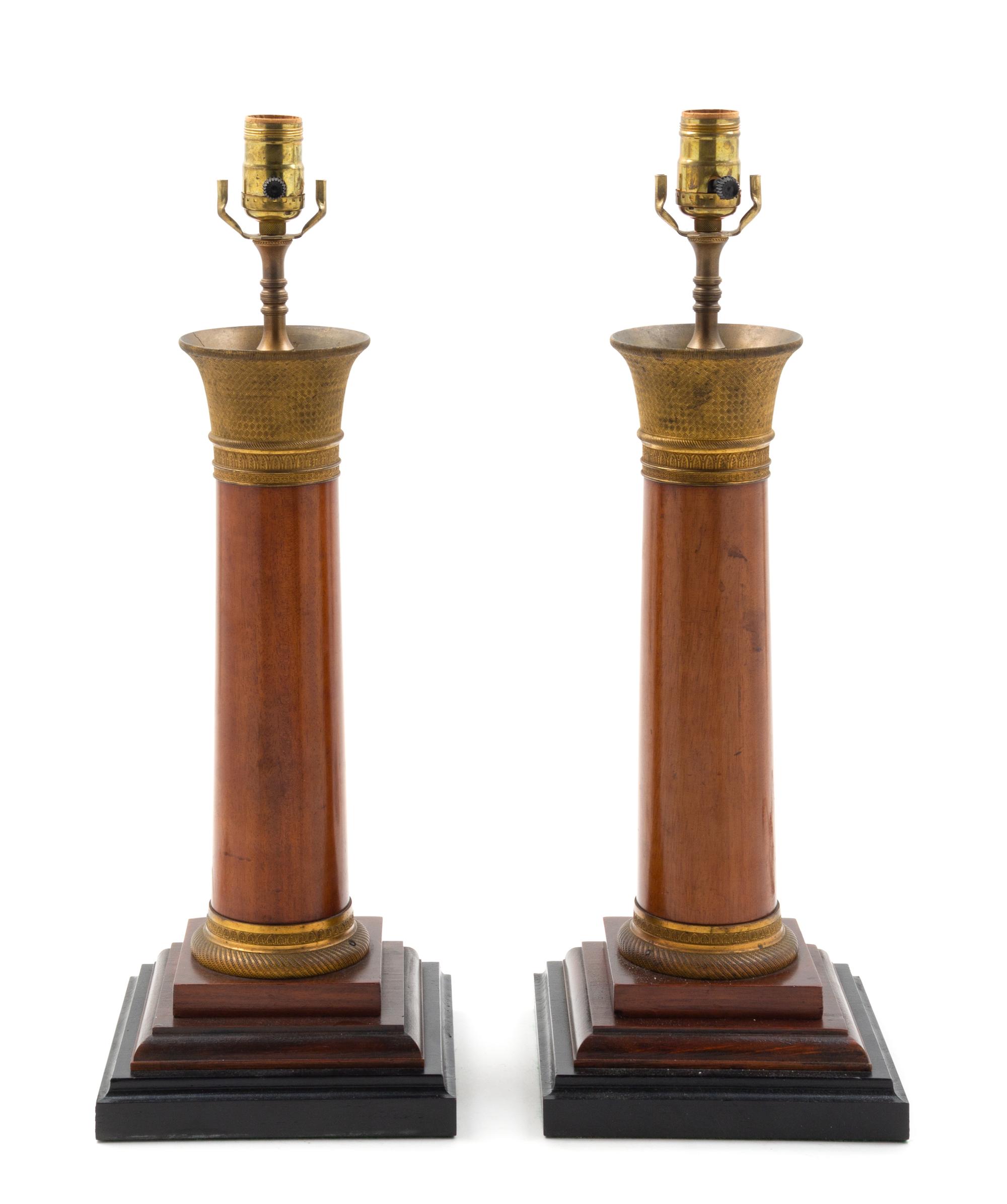 A Pair of Empire Style Gilt Metal Mounted Mahogany Table Lamps Height overall 34 1/4 inches. — EARLY 20TH CENTURY