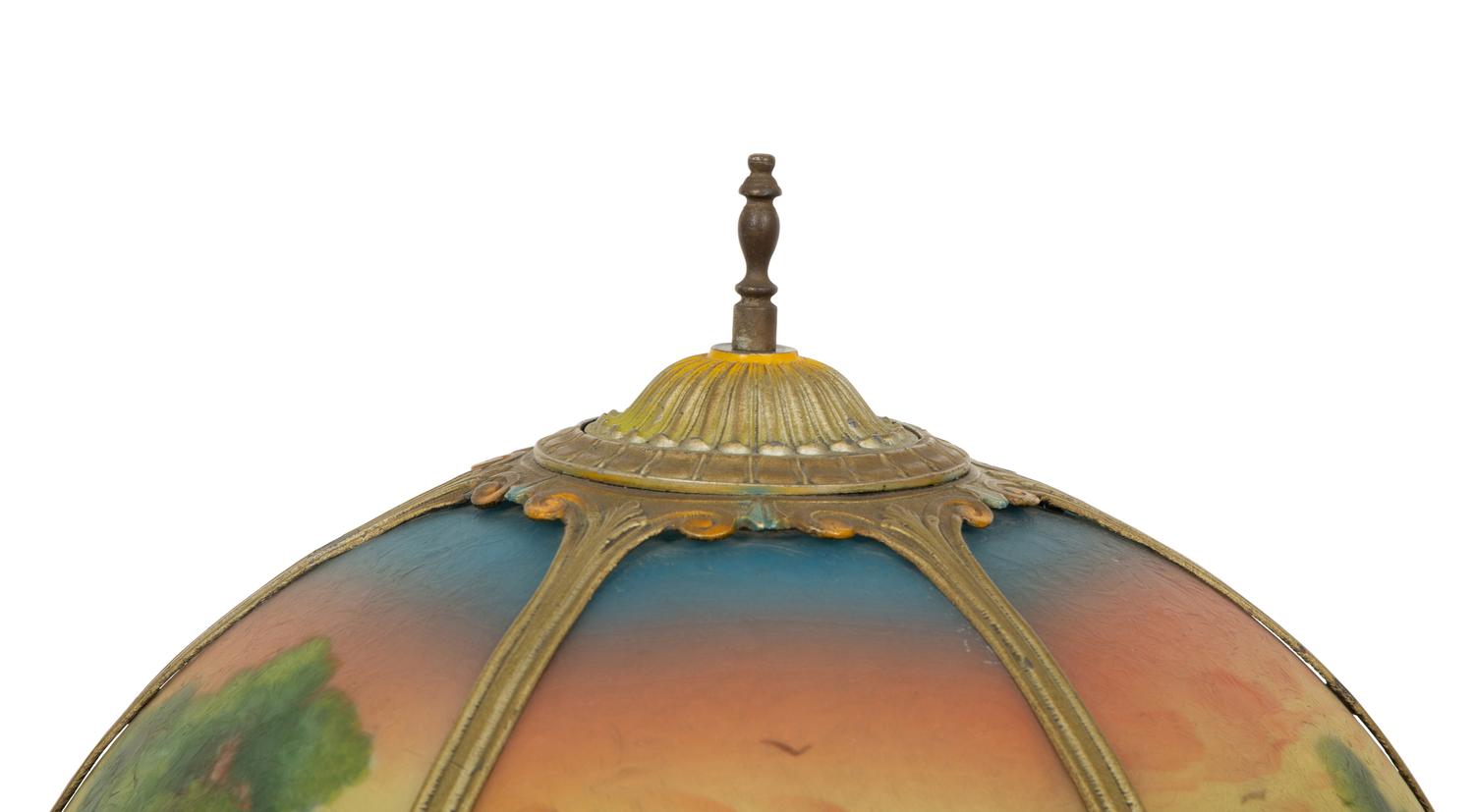 Two Gilt Metal Table Lamps with Reverse Painted Glass Shades