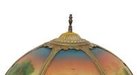 Two Gilt Metal Table Lamps with Reverse Painted Glass Shades