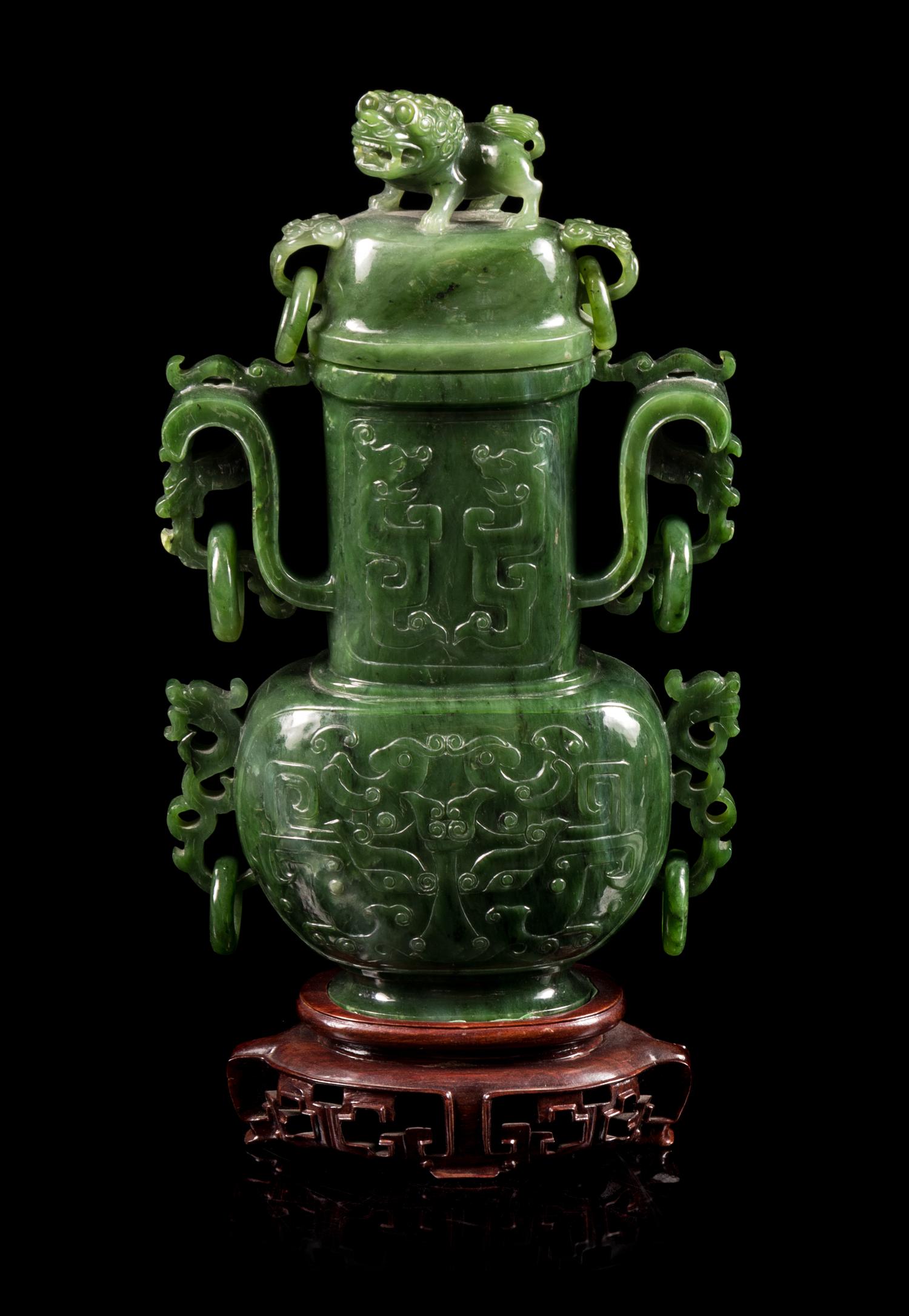 A Spinach Jade Covered Vase Height 9 1/2 inches. — 20TH CENTURY