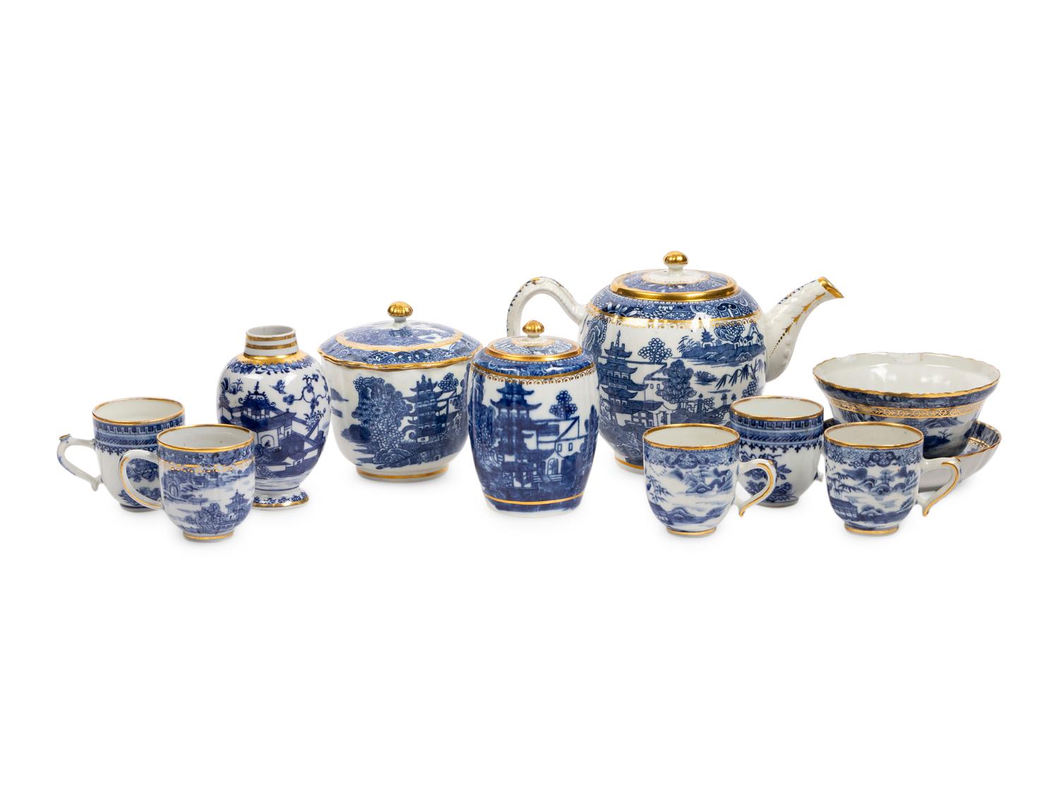 A Group of Chinese Export Parcel Gilt Blue and White Porcelain Articles