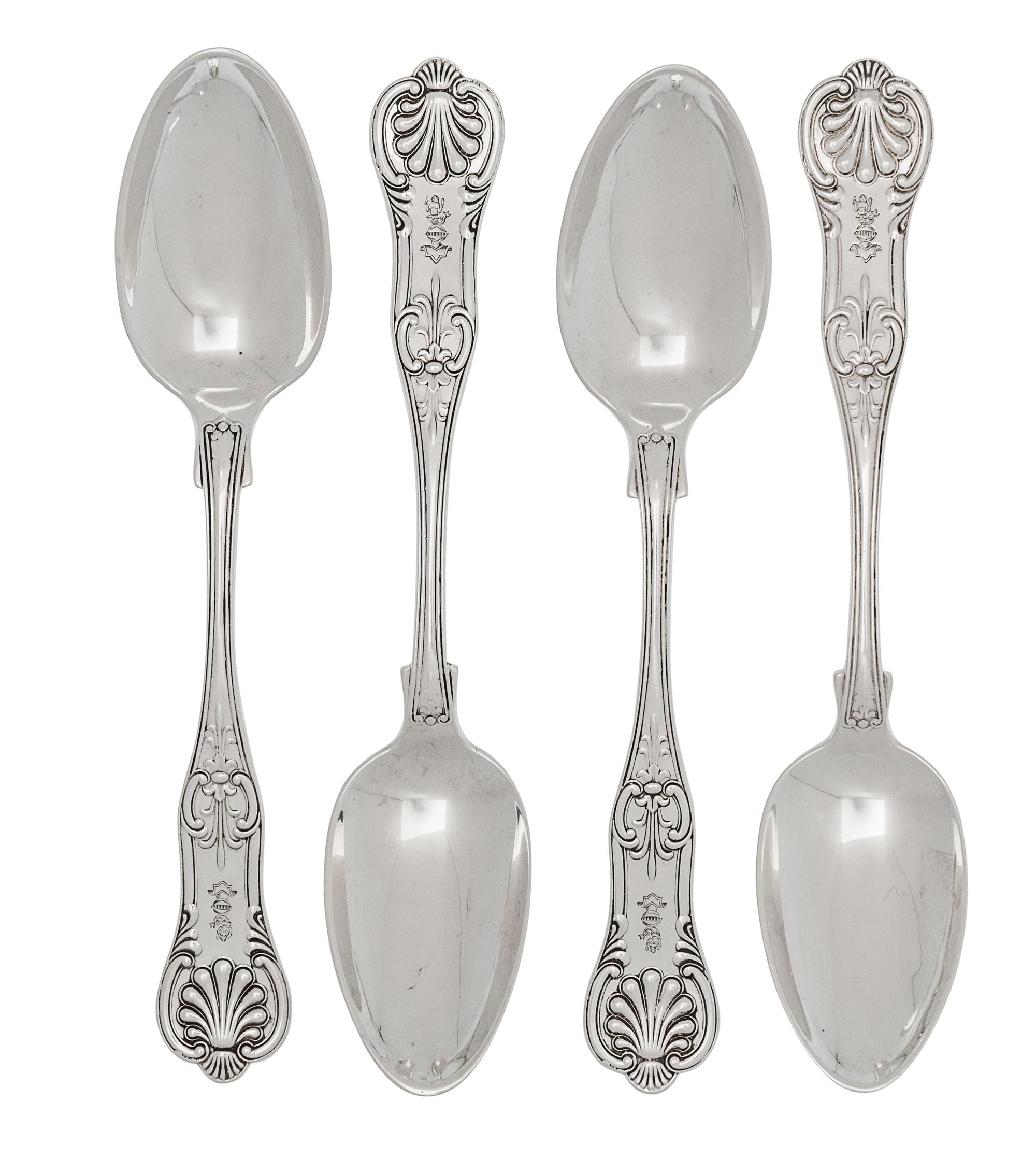 A Set of Four American Silver Tablespoons, Tiffany & Co., New York, NY, English King pattern, the handles engraved with a helmet and me