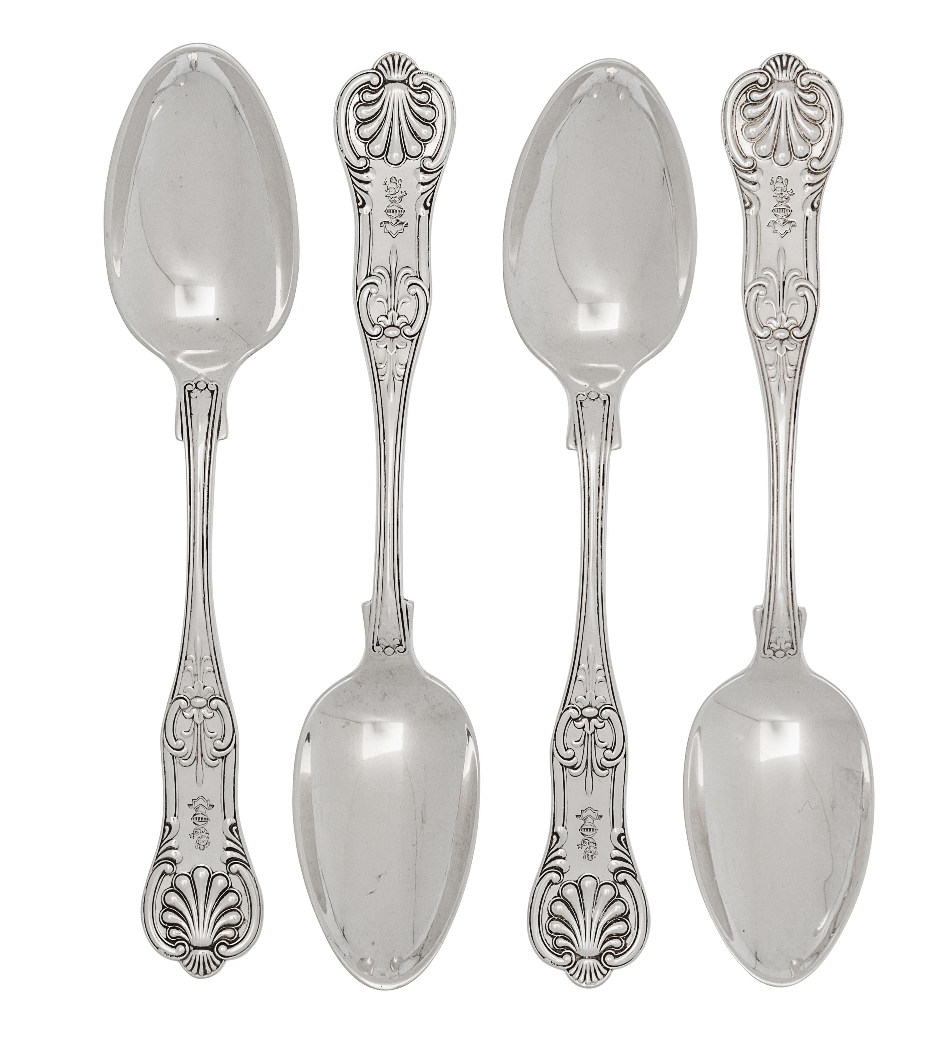A Set of Four American Silver Tablespoons, Tiffany & Co., New York, NY, English King pattern, the handles engraved with a helmet and me
