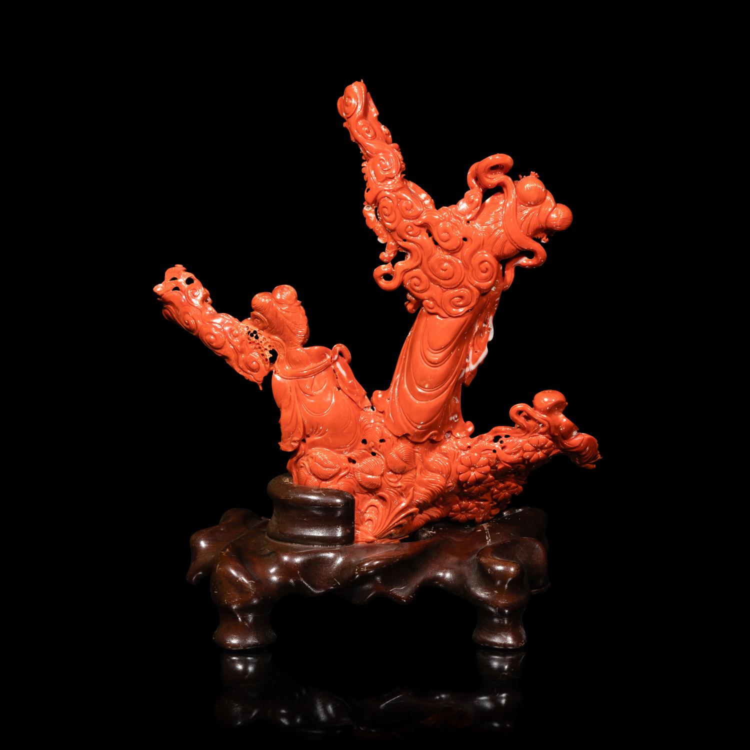 A Large Chinese Red Coral Carving, 20th Century 近代 紅珊瑚雕天女散花連木座