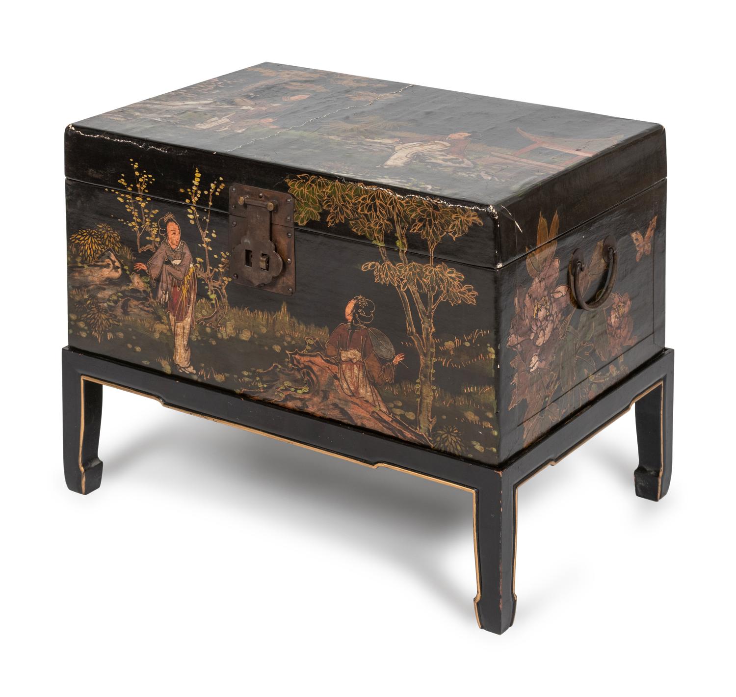 A Chinese Export Parcel Gilt and Lacquered Chest on Stand