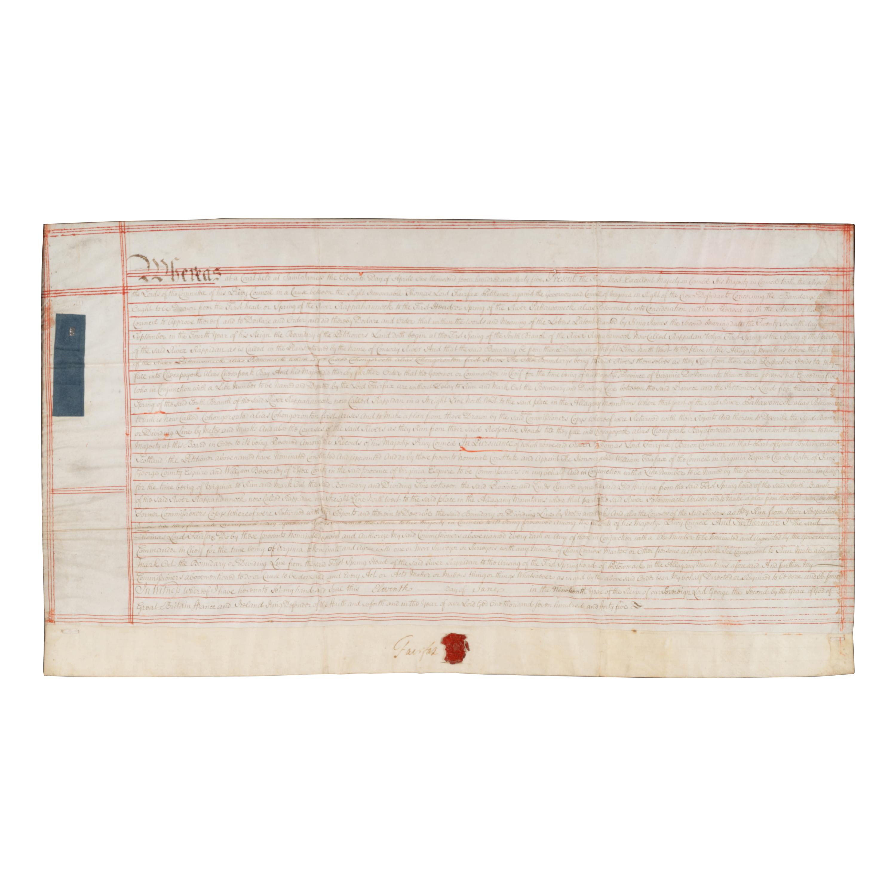 Fairfax, Thomas, Lord (1693-1781). Manuscript indenture signed ("Fairfax"), 11 June 1745.