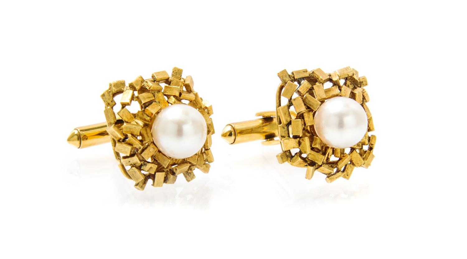 A Pair of 14 Karat Yellow Gold and Cultured Pearl Cufflinks, 9.10 dwts.