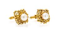 A Pair of 14 Karat Yellow Gold and Cultured Pearl Cufflinks, 9.10 dwts.
