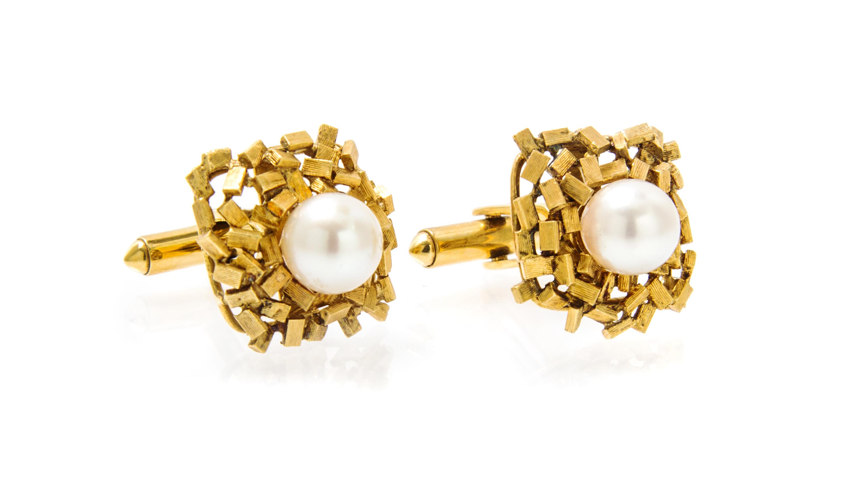 A Pair of 14 Karat Yellow Gold and Cultured Pearl Cufflinks, 9.10 dwts.