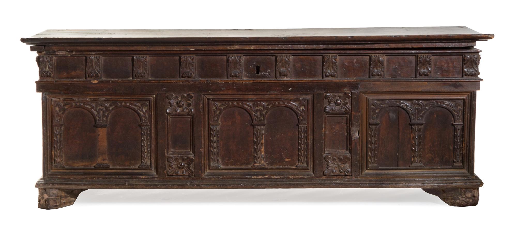 A Continental Carved Cassone Height 19 x width 54 x depth 21 inches. — 17TH/18TH CENTURY