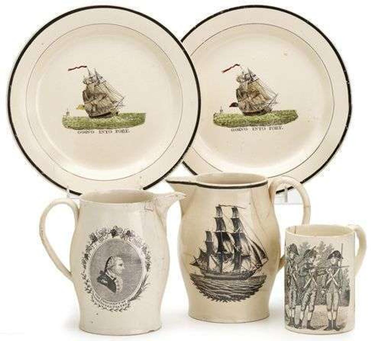 Five transfer-printed Liverpool creamware items early 19th century