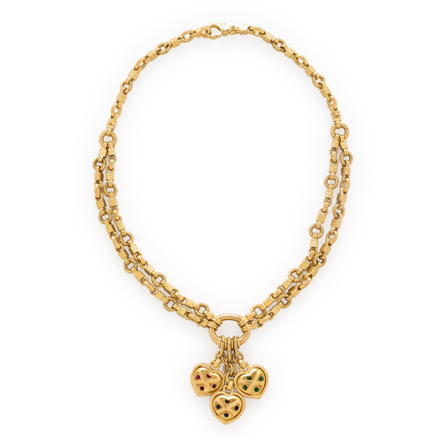 EMERALD, SAPPHIRE, RUBY, AND YELLOW GOLD HEART NECKLACE