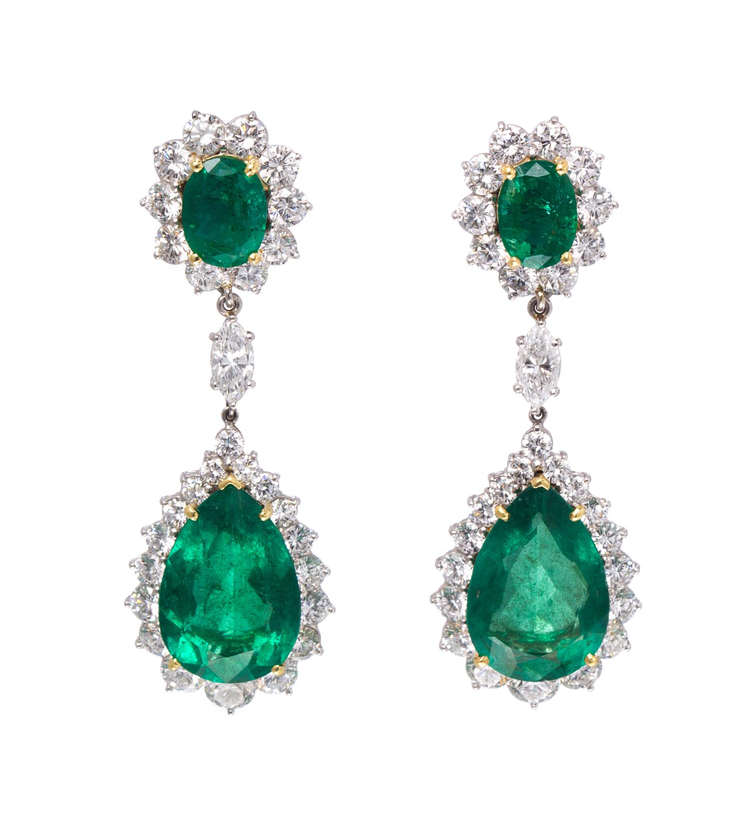 A Pair of Platinum, Emerald and Diamond Pendant Earrings, 20.10 dwts.
