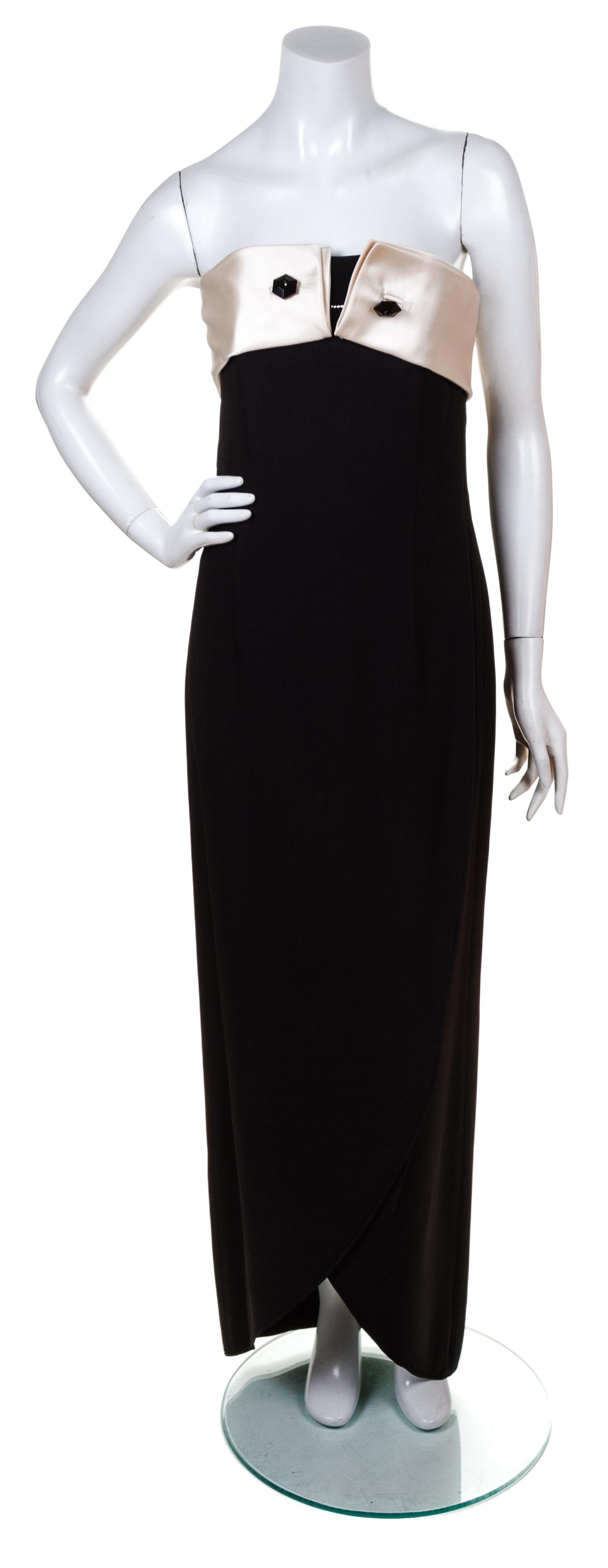 A Giorgio Armani Black Crepe Tuxedo Strapless Gown, Size 38.